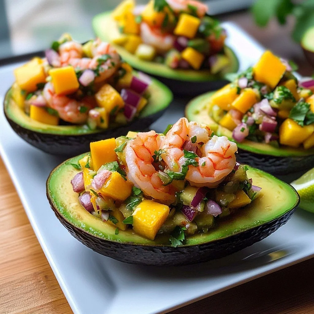 A vibrant plate of Mango Salsa Shrimp Avocado topped with fresh mango salsa.