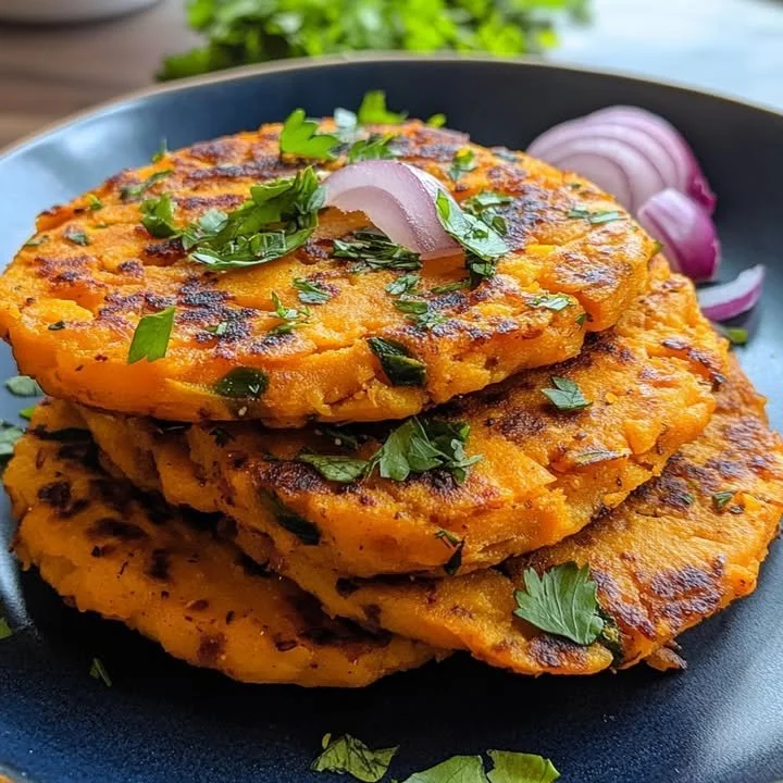 Mediterranean herbed sweet potato pancakes topped with herbs and spices
