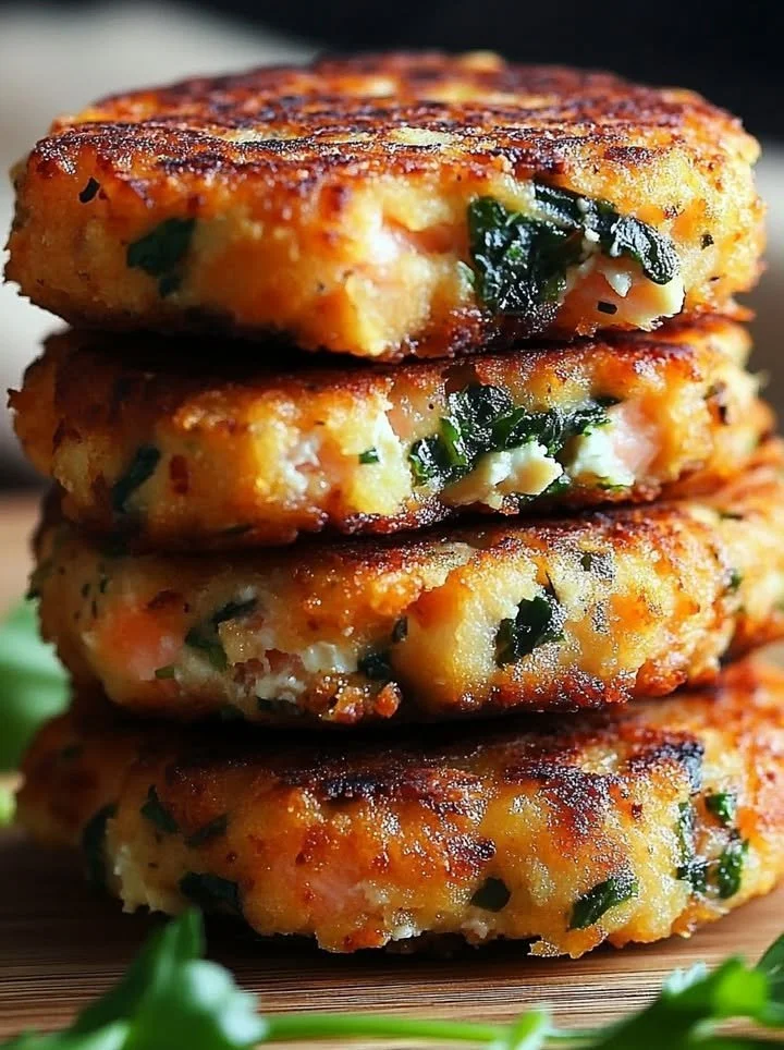 Mediterranean salmon cakes made with spinach, a healthy dish idea