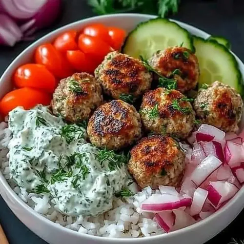 Mediterranean-style lamb meatballs served with quinoa, vegetables, and tzatziki sauce