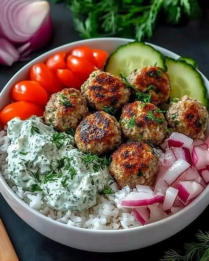 Mediterranean-style lamb meatballs served with quinoa, vegetables, and tzatziki sauce