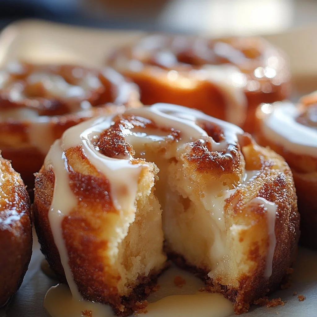 Mini brown butter cinnamon buns on a white plate, drizzled with icing.