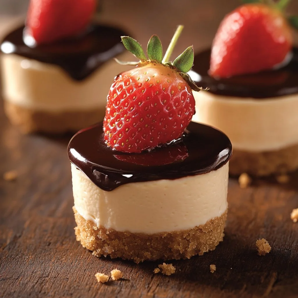 Mini cheesecakes topped with chocolate-covered strawberries on a plate