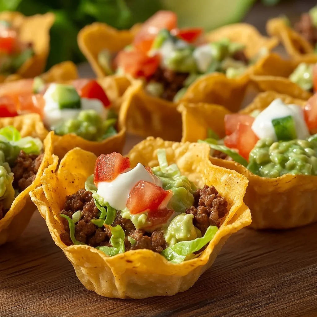 Delicious mini taco bites served on a platter for a party appetizer