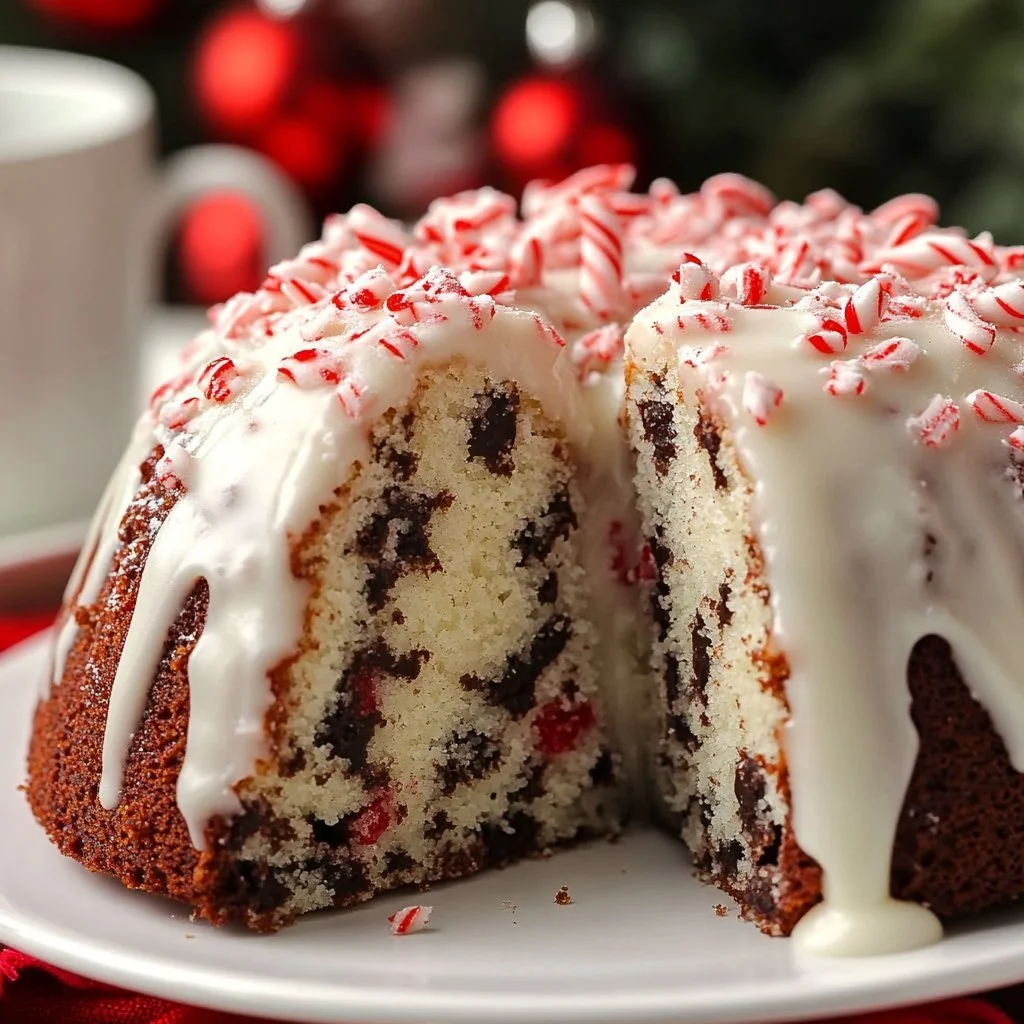 Deliciously moist Mint Chocolate Bundt Cake topped with chocolate glaze and mint leaves.