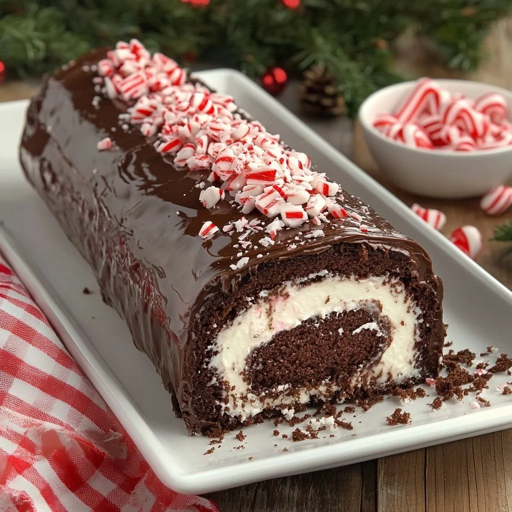 A delicious mint chocolate roll cake with fresh mint and chocolate swirls.