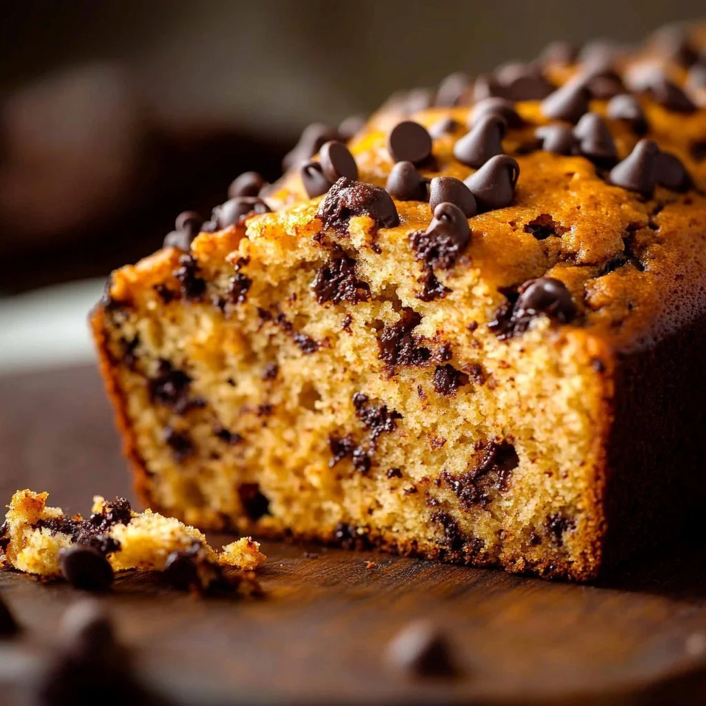 Deliciously moist pumpkin chocolate chip bread sliced and ready to enjoy.