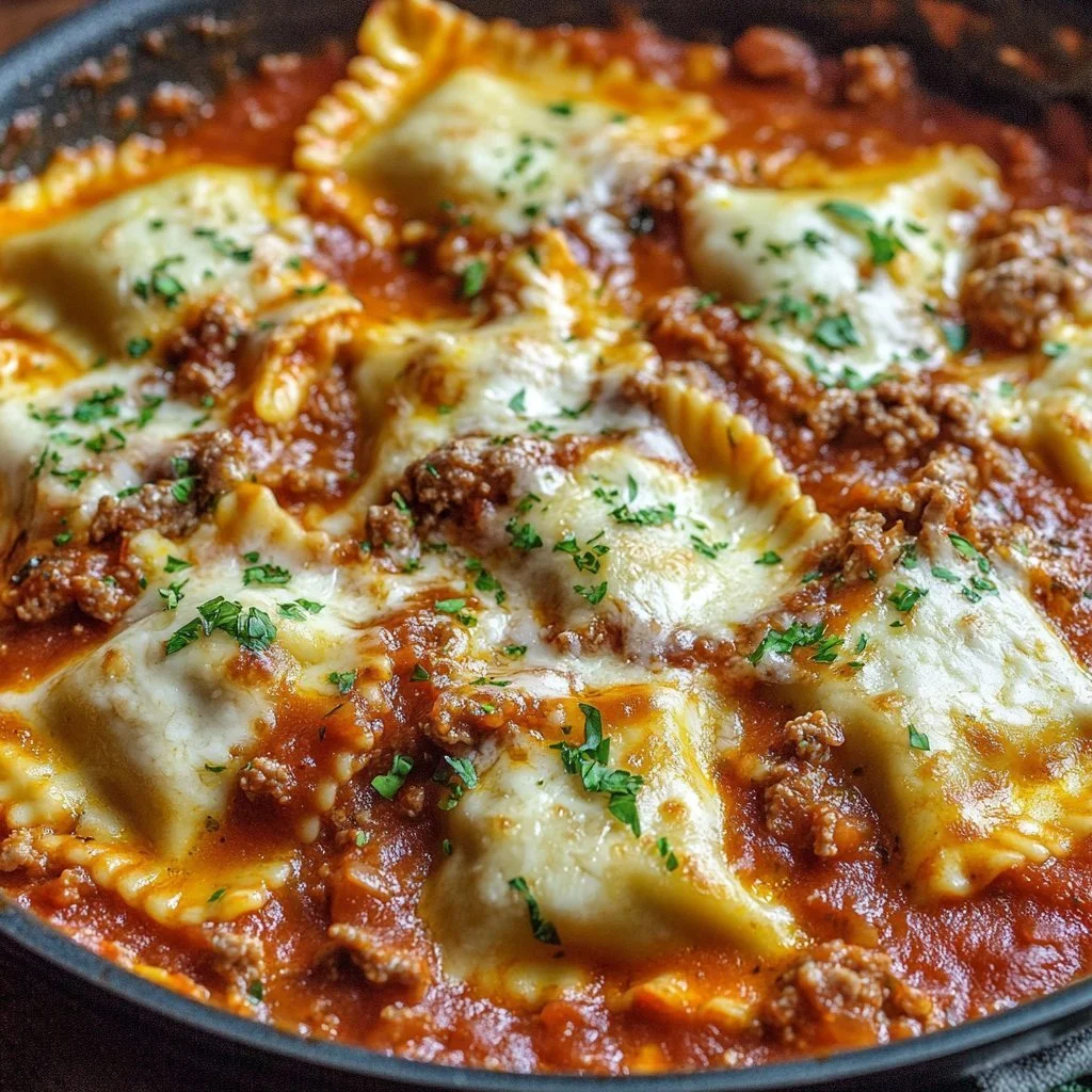 One-Pan Skillet Lasagna served in a cast-iron skillet with melted cheese