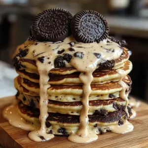 Fluffy Oreo pancakes drizzled with chocolate sauce and topped with whipped cream.