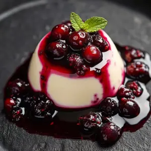 Deliciously creamy panna cotta dessert topped with fresh berries.