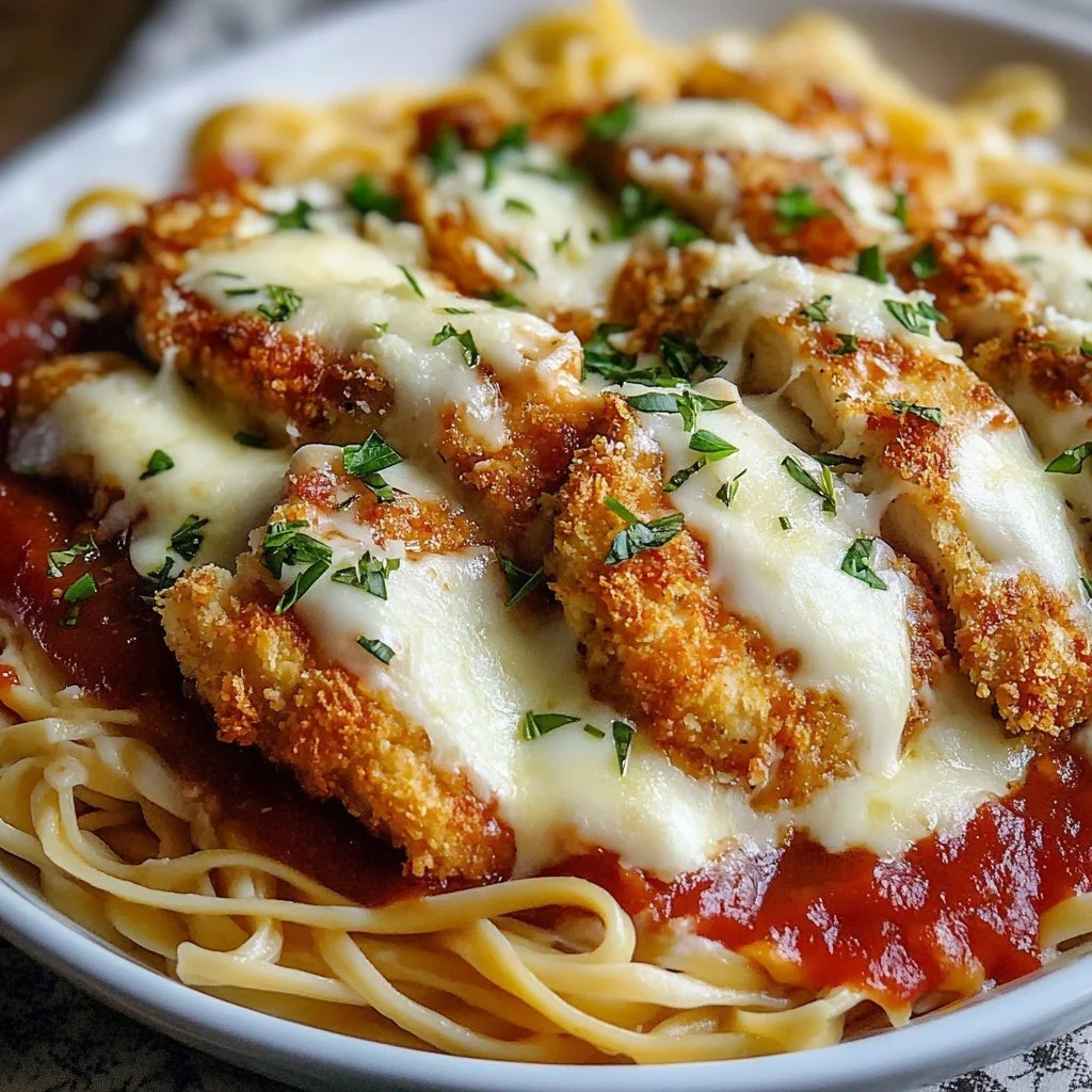 Parmesan Chicken served with Fettuccine Alfredo in a creamy sauce