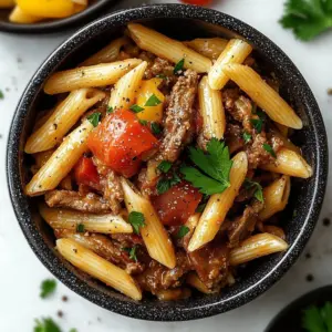 Philly-style cheesesteak pasta dish topped with cheese and green peppers