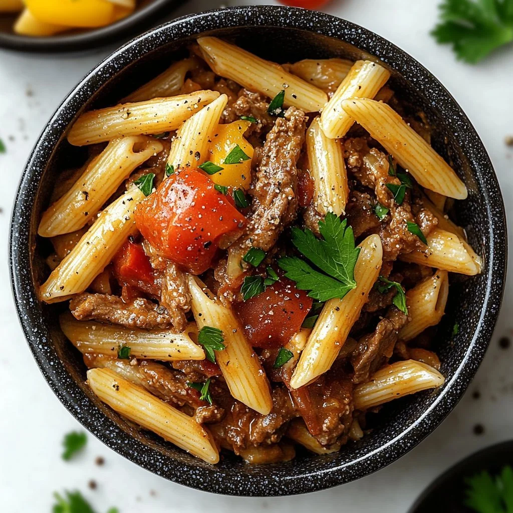Philly-style cheesesteak pasta dish topped with cheese and green peppers