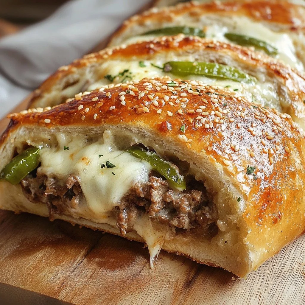 Philly-Style Cheesesteak Stromboli with beef, cheese, and peppers in baked dough
