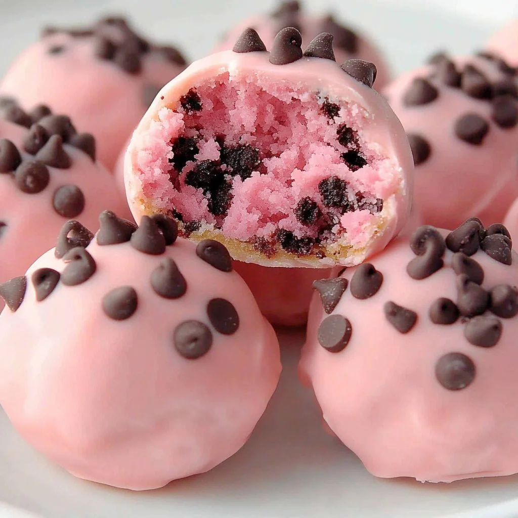 Pink Chocolate-Chip Cookie Dough Brownie Bites in a decorative dish