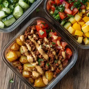 Meal prep Potato Taco Bowls with fresh ingredients and vibrant toppings