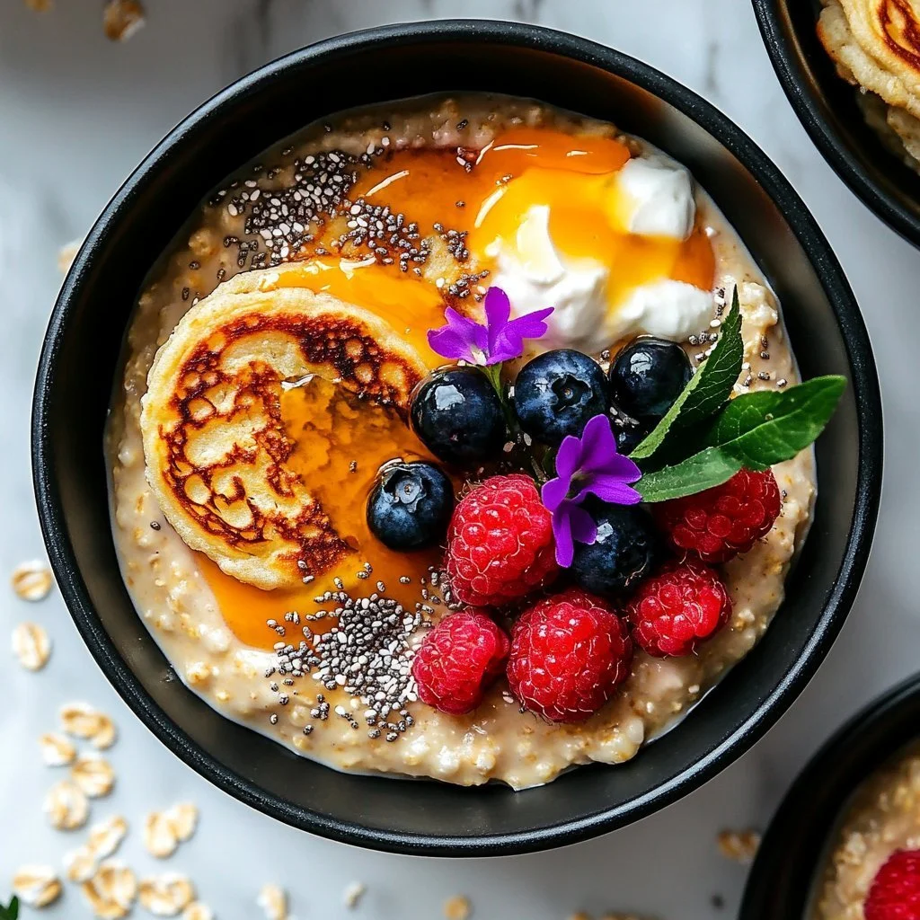 Delicious protein-packed baked pancake bowls topped with fresh fruits.