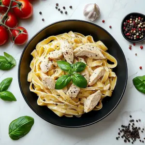 Plate of romantic chicken pasta for two with vibrant vegetables and herbs