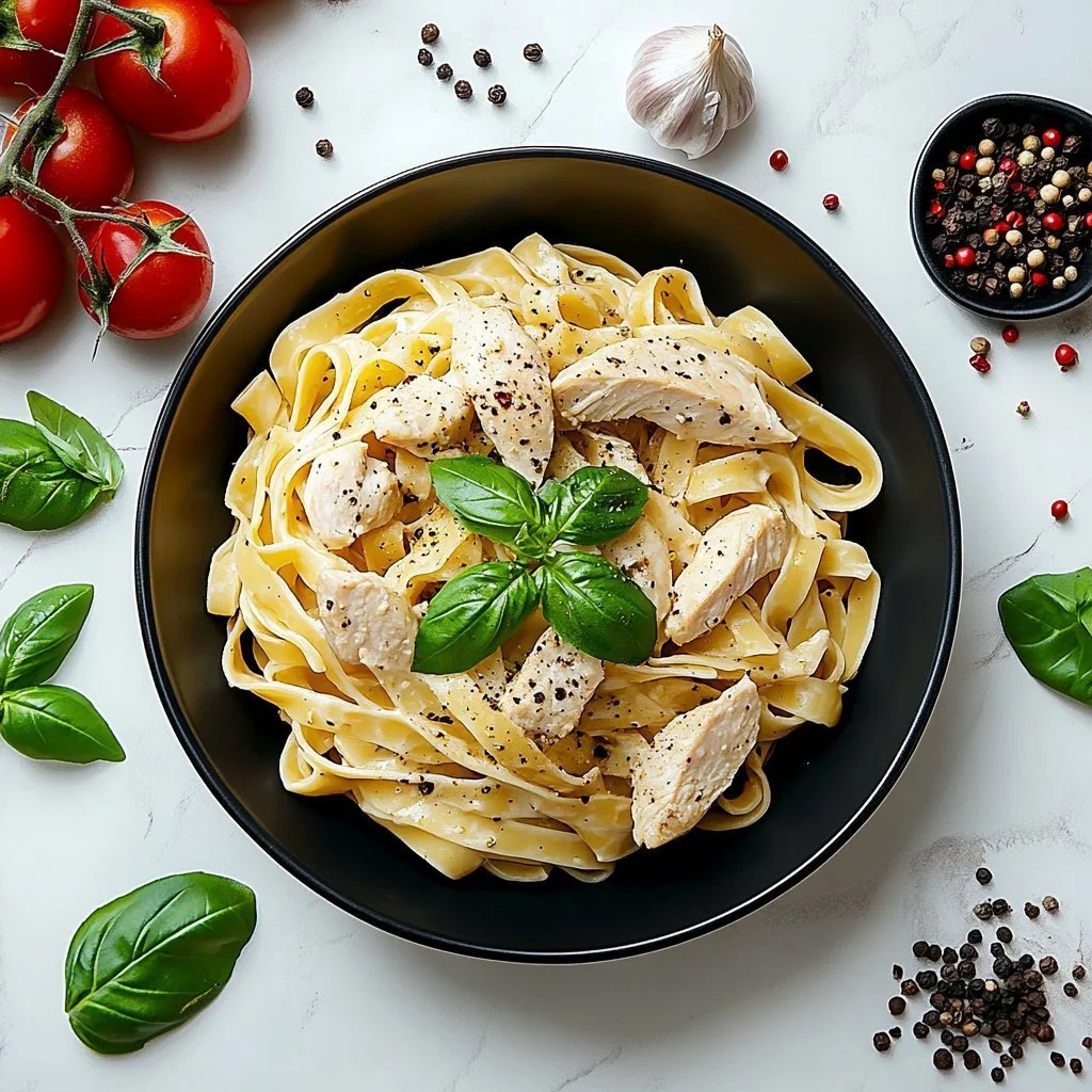 Plate of romantic chicken pasta for two with vibrant vegetables and herbs