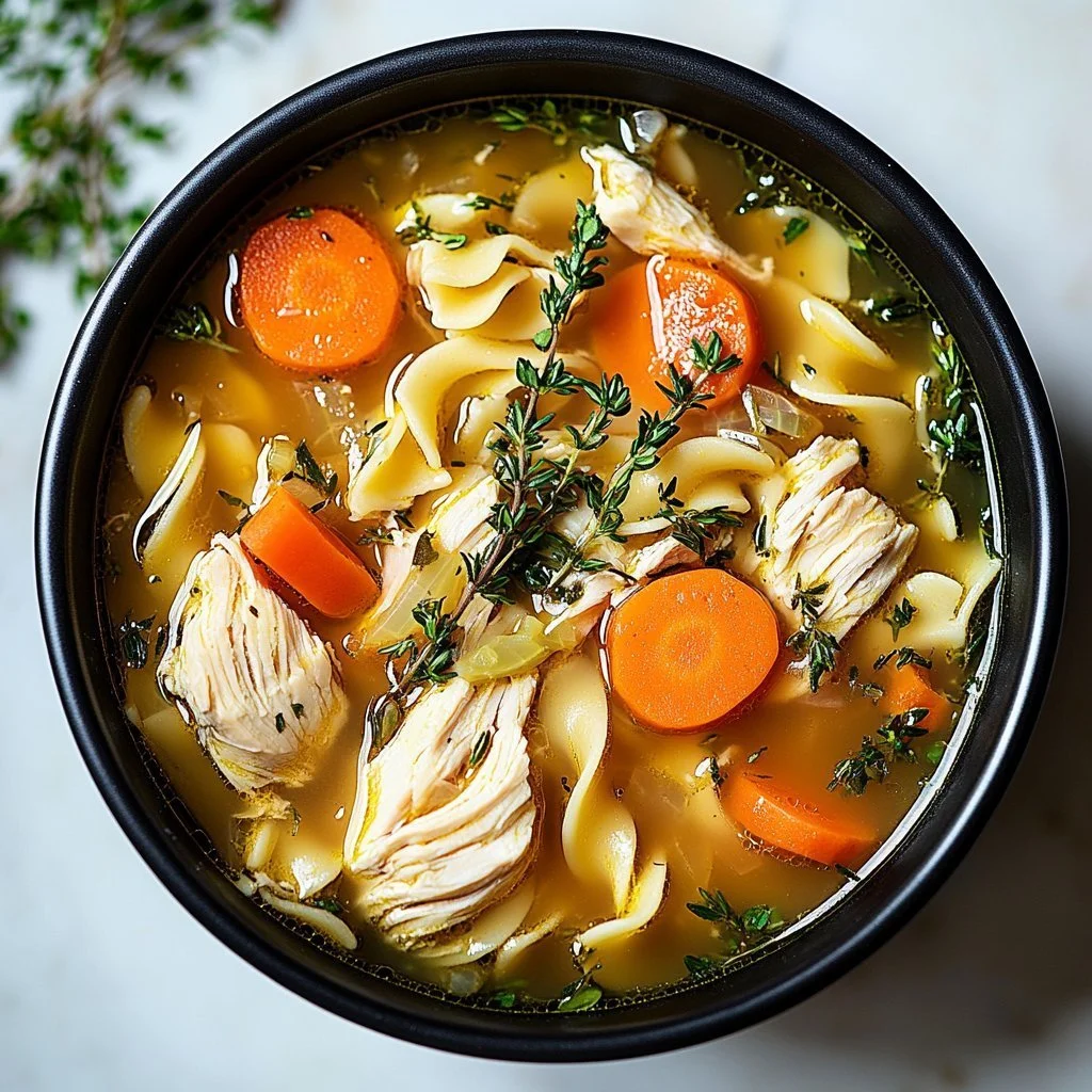 Bowl of rotisserie-style chicken noodle soup garnished with herbs.