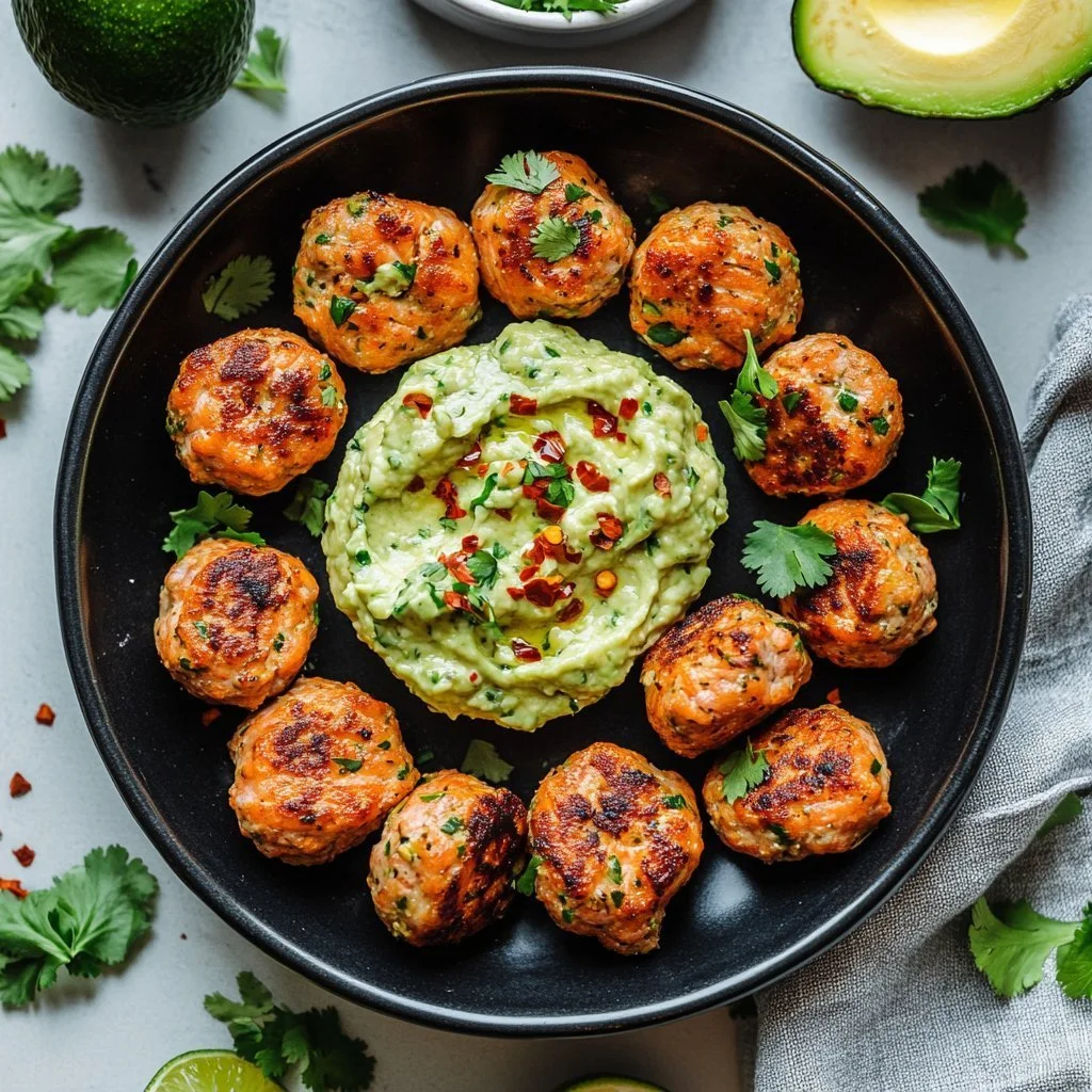 Plate of salmon meatballs served with tangy avocado sauce