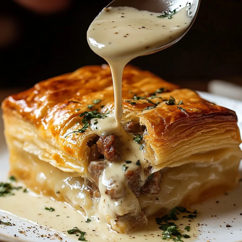 Sausage Gravy Puff Pastry Pie served on a plate with herbs