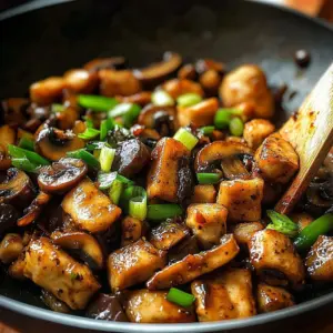 Plate of sauteed chicken with mushrooms garnished with herbs