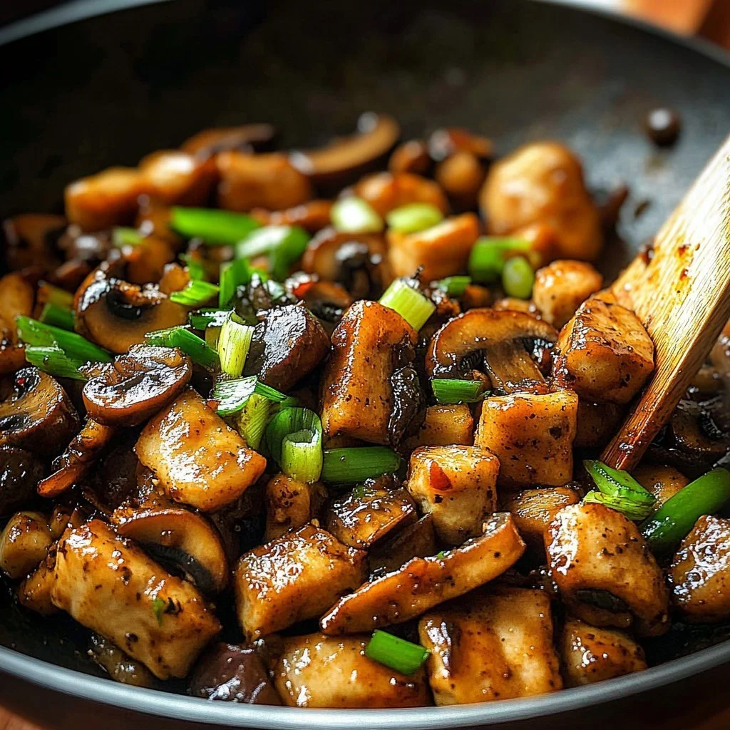 Plate of sauteed chicken with mushrooms garnished with herbs