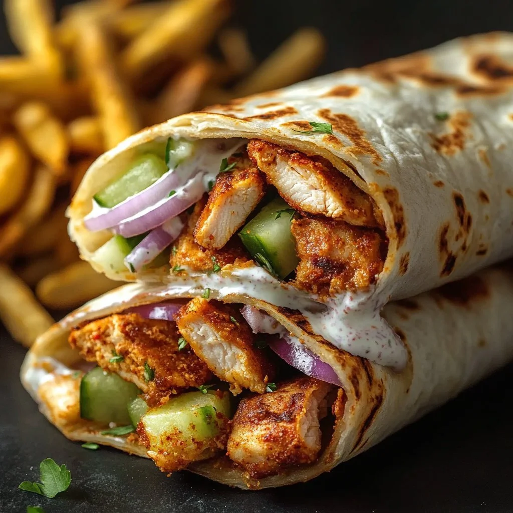 Savory Chicken Shawarma Wrap filled with fresh vegetables and spices.