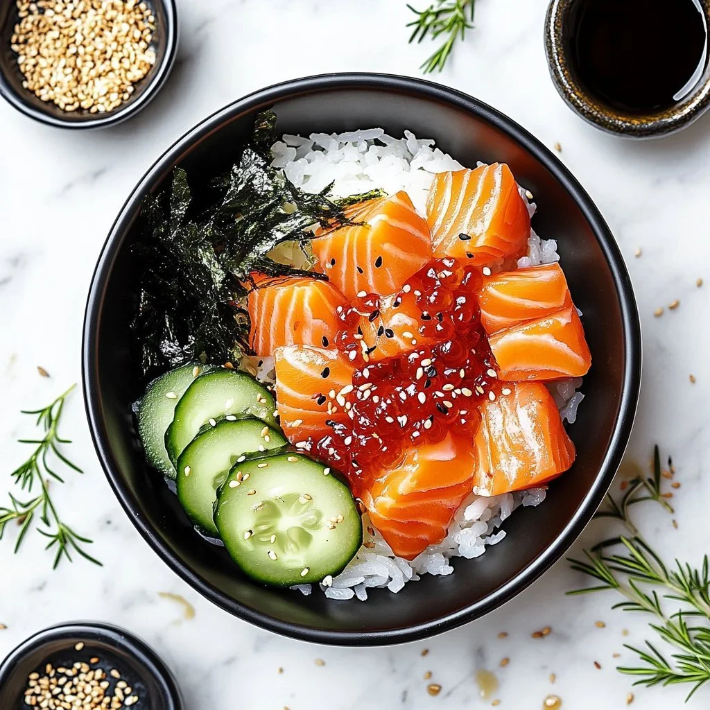 Savory Salmon Poke Bowl with fresh salmon, rice, and colorful vegetables.