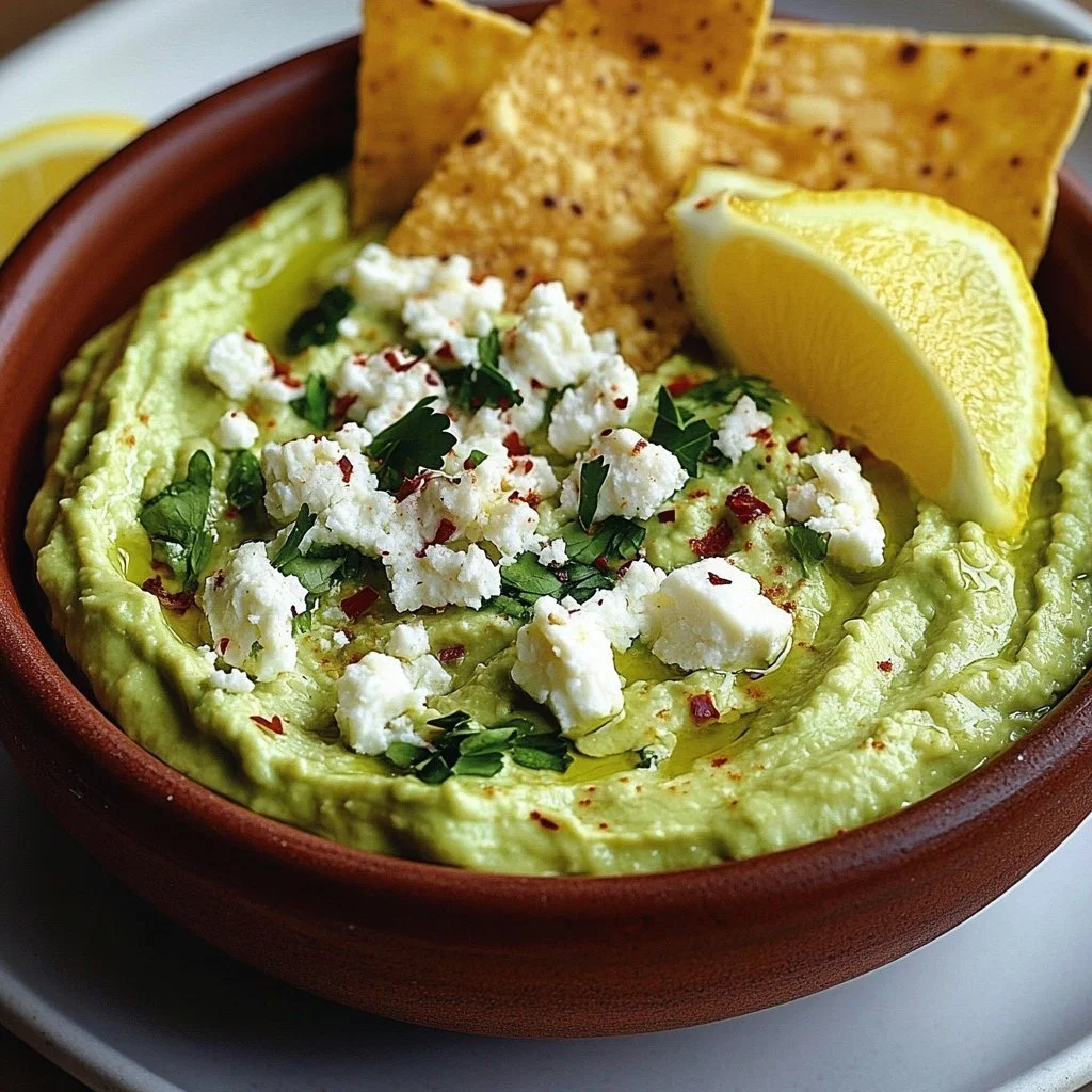 Creamy avocado feta dip served in a bowl with fresh herbs and pita chips.