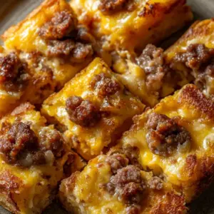 Sheet pan sausage pancakes with cheese, ready to serve for breakfast.