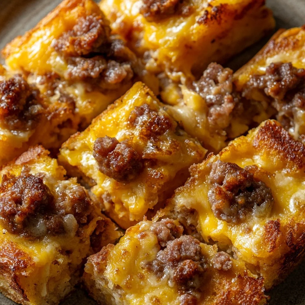 Sheet pan sausage pancakes with cheese, ready to serve for breakfast.