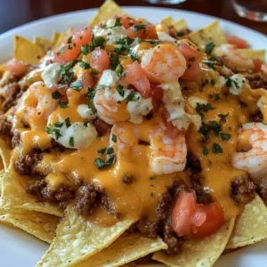 Shrimp and beef loaded nacho fries served in a colorful dish