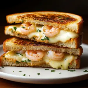 Shrimp grilled cheese sandwich with garlic bread served on a plate.