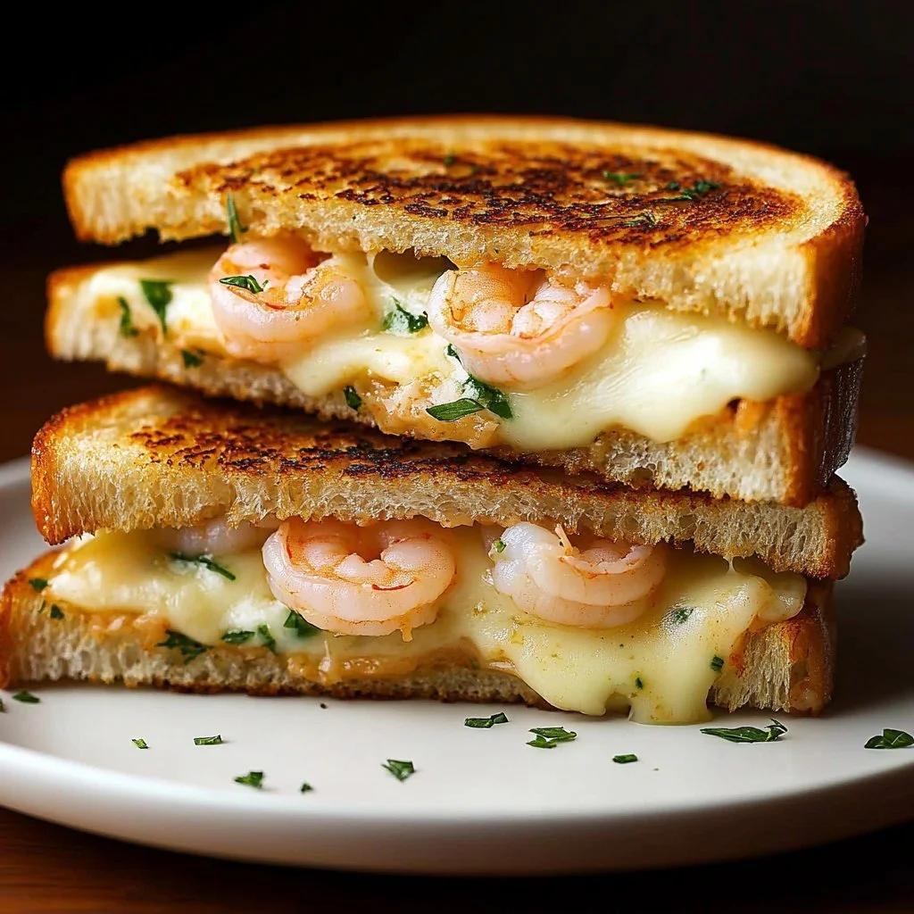 Shrimp grilled cheese sandwich with garlic bread served on a plate.