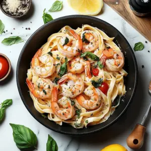 A plate of Silky Tuscan Shrimp Fettuccine with fresh herbs and shrimp