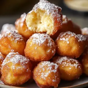 Delicious simple Ricotta Zeppole sprinkled with powdered sugar.