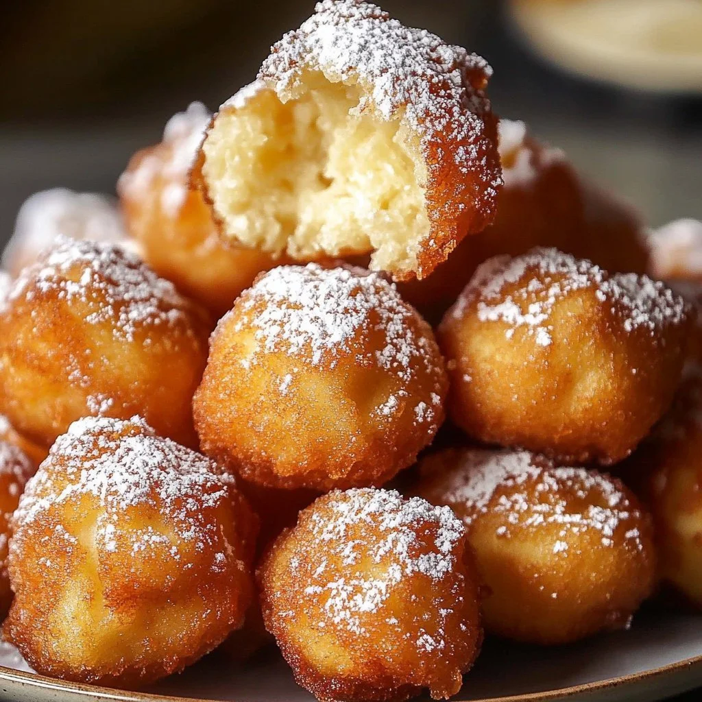 Delicious simple Ricotta Zeppole sprinkled with powdered sugar.