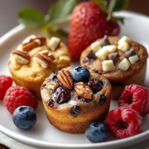 Six flavorful pancake muffins stacked on a plate, showcasing different varieties.