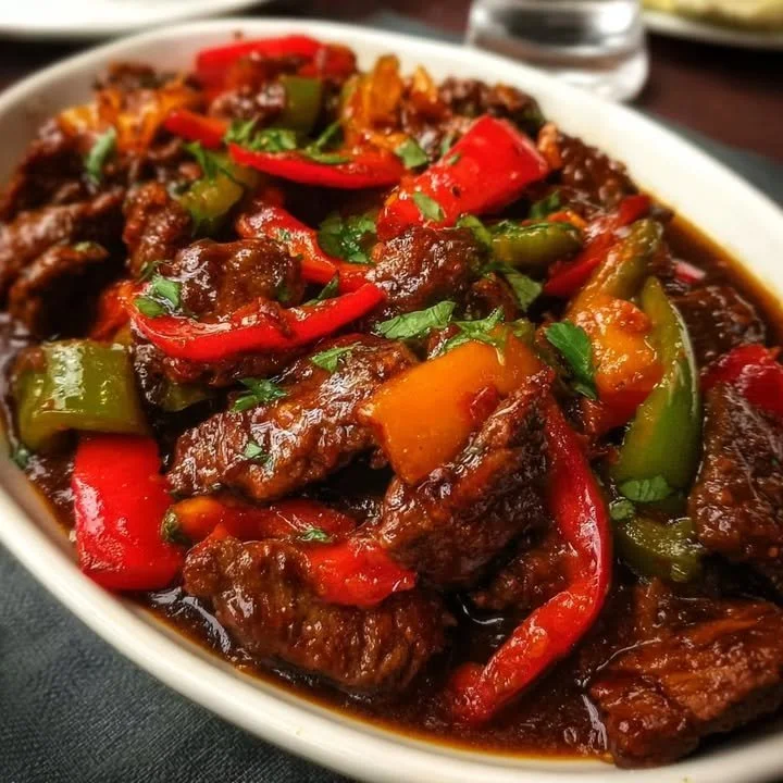 Sizzling Chinese-style pepper beef served with colorful bell peppers and aromatic spices.