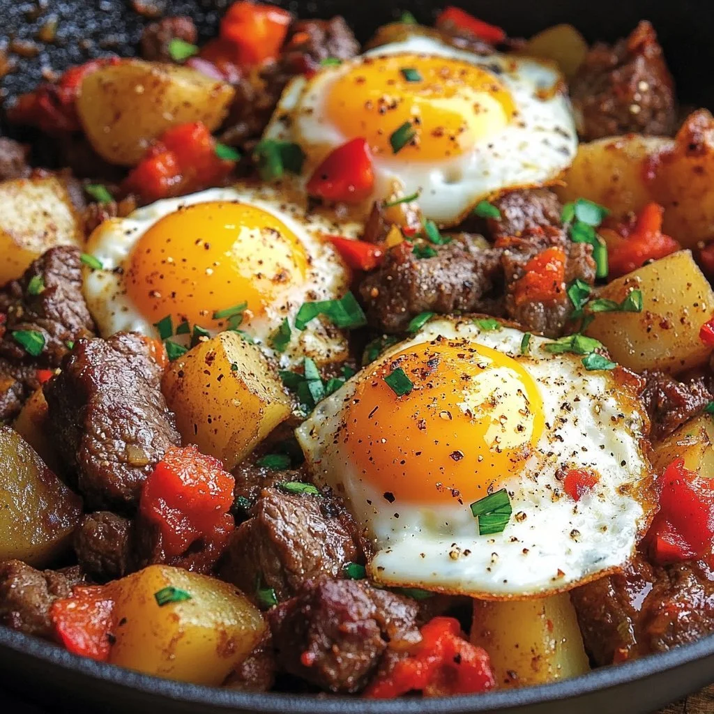 Delicious sizzling steak and potato hash served on a plate with fresh herbs