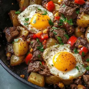 Skillet steak and potato hash served in a cast iron skillet.