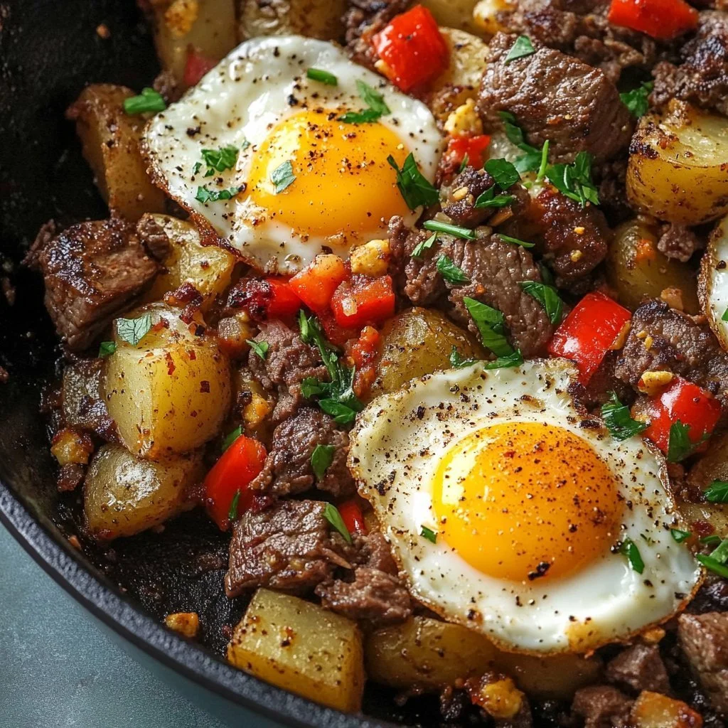 Skillet steak and potato hash served in a cast iron skillet.