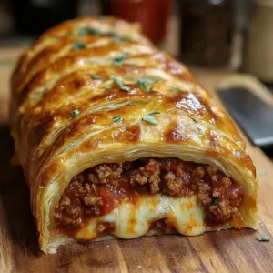 Delicious Sloppy Joe Stromboli served on a plate with cheese and sauce.