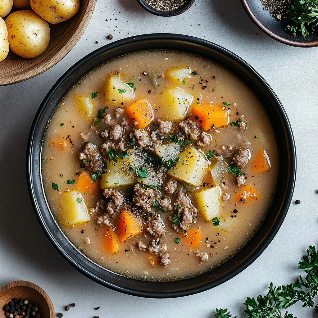 A warm bowl of slow cooker hamburger potato soup topped with herbs.