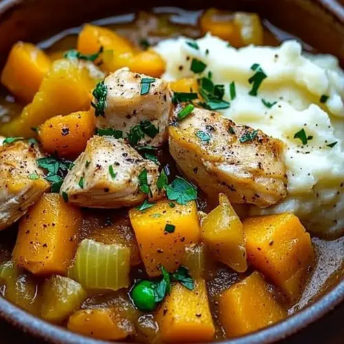 A warm bowl of slow-simmered chicken and butternut squash stew, garnished and ready to serve.