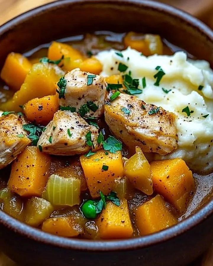 A warm bowl of slow-simmered chicken and butternut squash stew, garnished and ready to serve.
