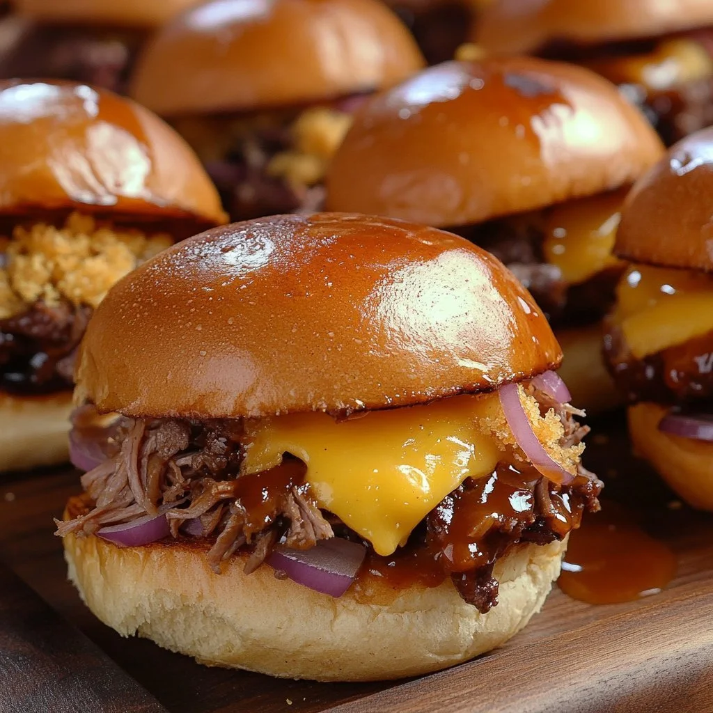Smoked Dr Pepper beef sliders served on a wooden board