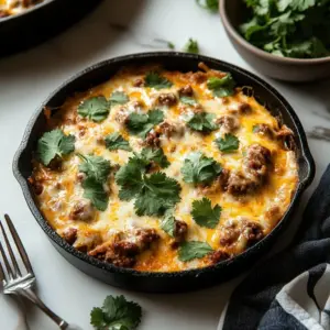 Southern sausage gravy breakfast enchiladas topped with cheese and herbs.
